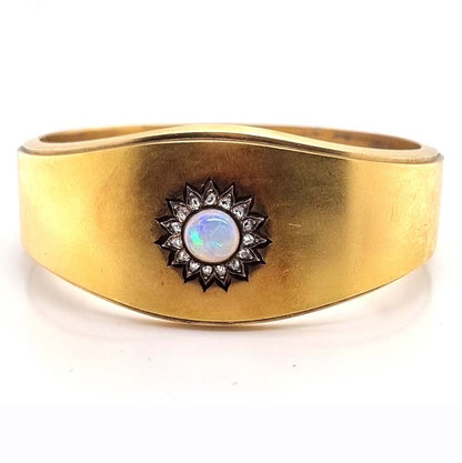 Antique Victorian Opal and Diamond Cluster Gold Bangle Bracelet, mid 19th century Victorian Swedish antique 18ct yellow gold bangle bracelet with opal and diamond cluster in original antique fitted box