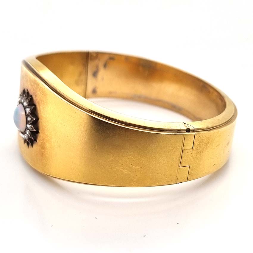 Antique Opal and Diamond Cluster Gold Bangle Bracelet, mid 19th century Victorian Swedish antique 18ct yellow gold bangle bracelet with opal and diamond cluster in original antique fitted box