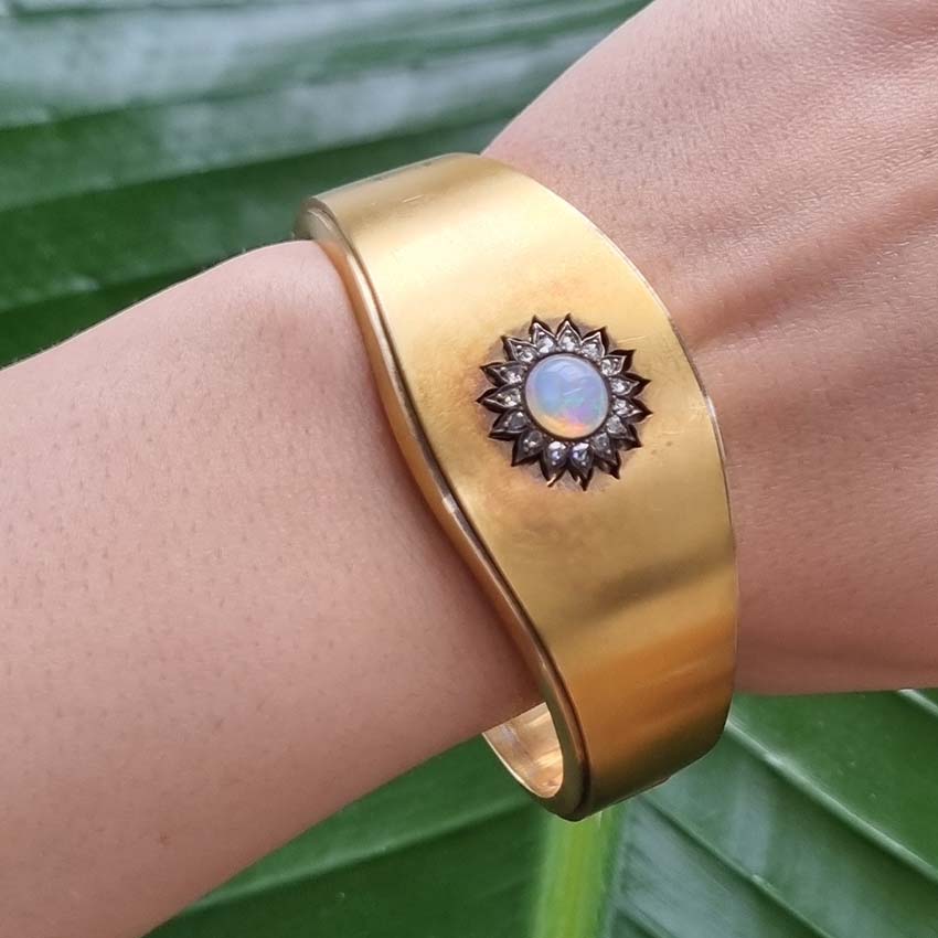 Antique Opal and Diamond Cluster Gold Bangle Bracelet, mid 19th century Victorian Swedish antique 18ct yellow gold bangle bracelet with opal and diamond cluster in original antique fitted box