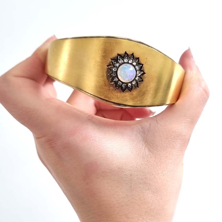 Antique Opal and Diamond Cluster Gold Bangle Bracelet, mid 19th century Victorian Swedish antique 18ct yellow gold bangle bracelet with opal and diamond cluster in original antique fitted box