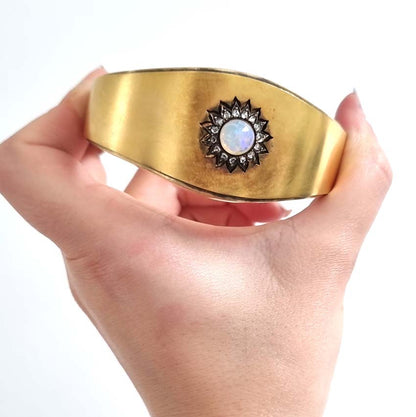 Antique Opal and Diamond Cluster Gold Bangle Bracelet, mid 19th century Victorian Swedish antique 18ct yellow gold bangle bracelet with opal and diamond cluster in original antique fitted box