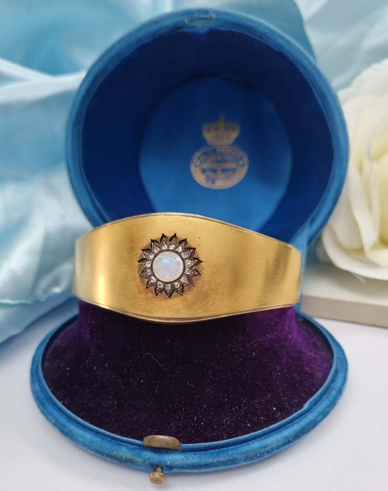 Antique Opal and Diamond Cluster Gold Bangle Bracelet, mid 19th century Victorian Swedish antique 18ct yellow gold bangle bracelet with opal and diamond cluster in original antique fitted box