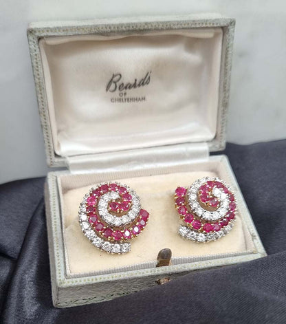 Vintage 1960s Italian Ruby and Diamond Swirl Cluster Earrings, red rubies and sparkling diamonds in Catherine wheel design in 18ct white and yellow gold