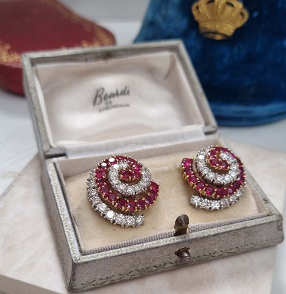Vintage 1960s Italian Ruby and Diamond Catherine Wheel Swirl Cluster Earrings in original vintage fitted box