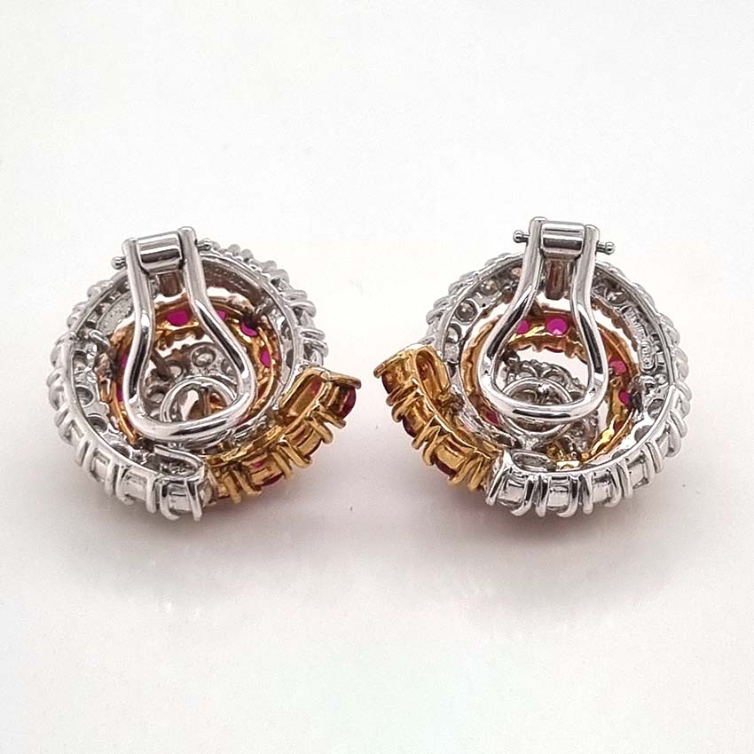 Vintage 1960s Italian Ruby and Diamond Catherine Wheel Swirl Cluster Earrings in 18ct white and yellow gold
