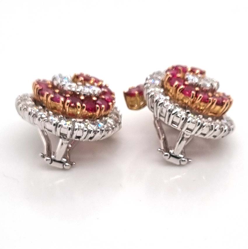 Vintage 1960s Italian Ruby and Diamond Catherine Wheel Swirl Cluster Earrings in 18ct white and yellow gold