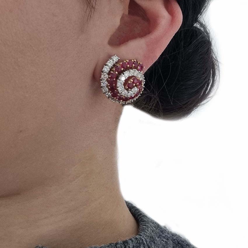 Vintage 1960s Italian Ruby and Diamond Catherine Wheel Swirl Cluster Earrings in 18ct white and yellow gold