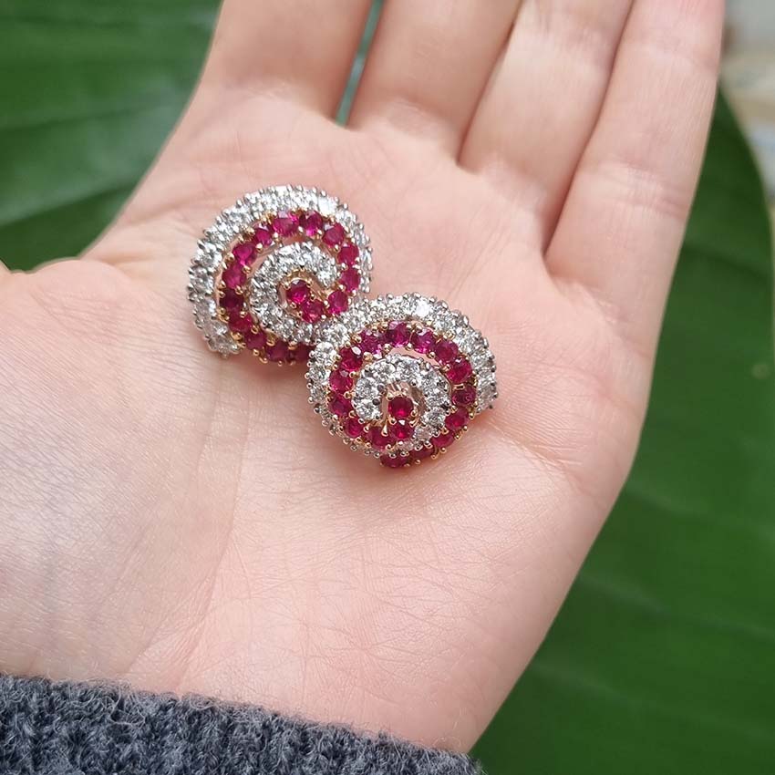Vintage 1960s Italian Ruby and Diamond Catherine Wheel Swirl Cluster Earrings in 18ct white and yellow gold