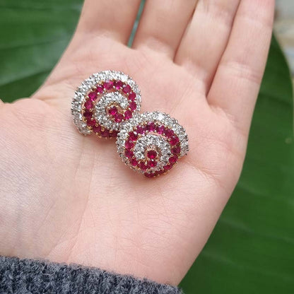Vintage 1960s Italian Ruby and Diamond Catherine Wheel Swirl Cluster Earrings in 18ct white and yellow gold