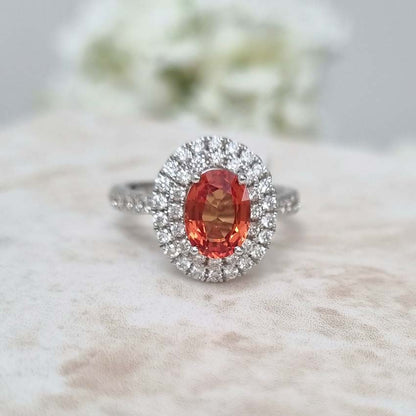 1.69ct Oval Orange Sapphire and Diamond Double Halo Cluster Engagement Ring in 18ct White Gold