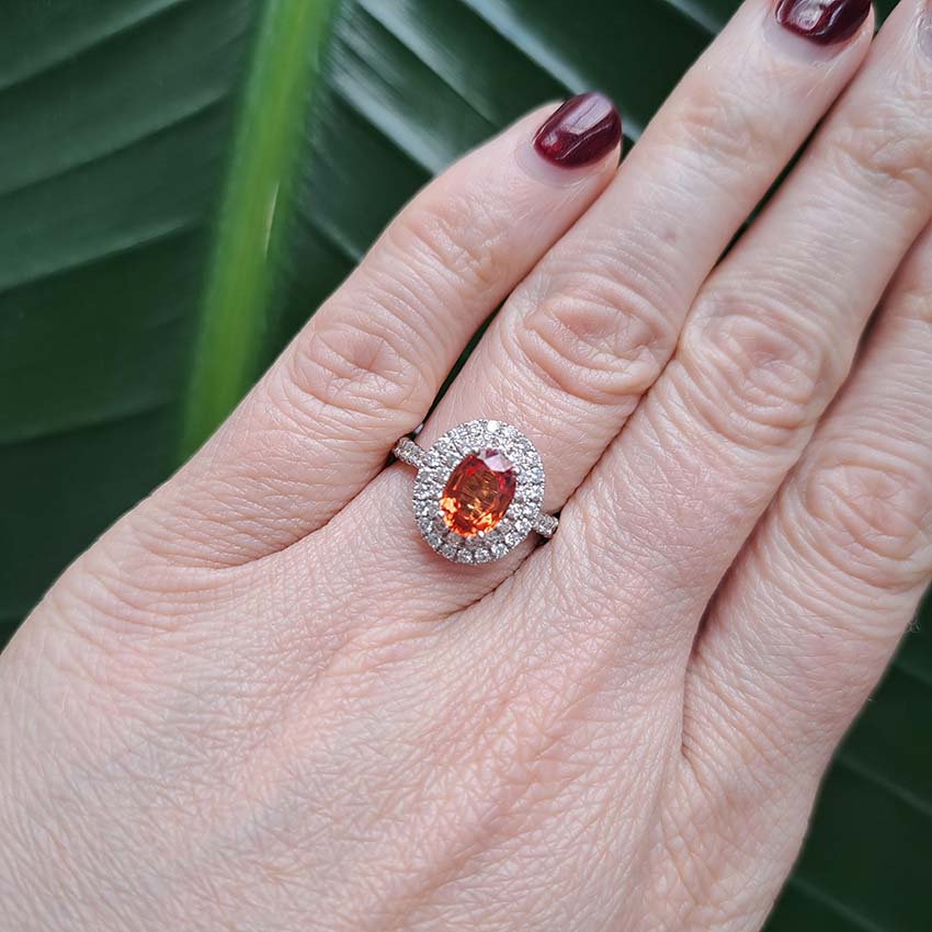 1.69ct Oval Orange Sapphire and Diamond Double Halo Cluster Engagement Ring in 18ct White Gold