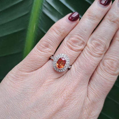 1.69ct Oval Orange Sapphire and Diamond Double Halo Cluster Engagement Ring in 18ct White Gold