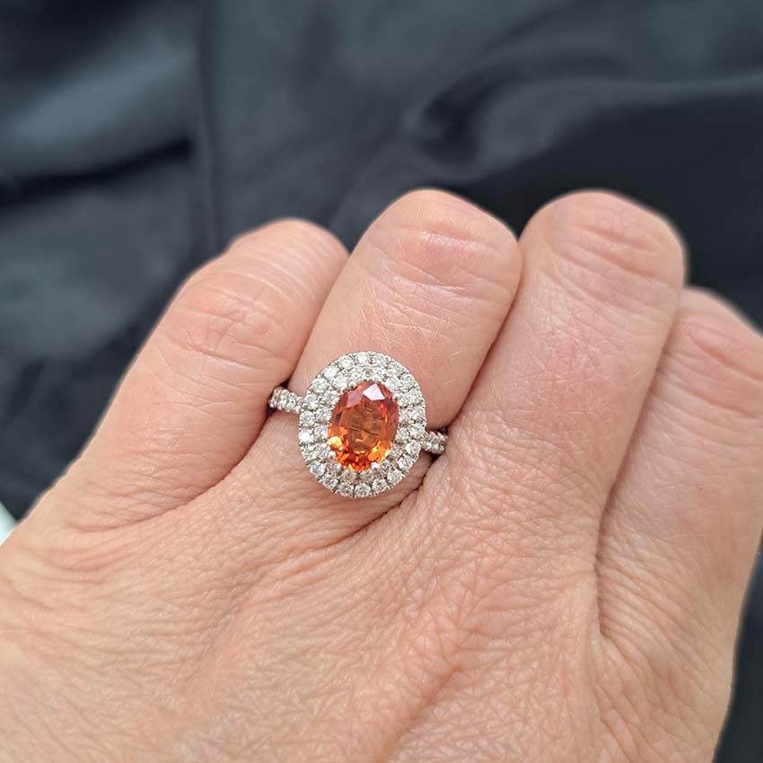 1.69ct Oval Orange Sapphire and Diamond Double Halo Cluster Engagement Ring in 18ct White Gold
