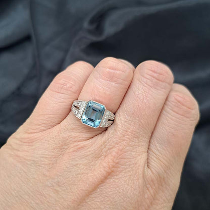 2.66ct Emerald Cut Aquamarine Ring with Split Diamond Shoulders in 18ct White Gold