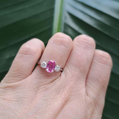 1.41ct Oval Pink Sapphire and Diamond Three Stone Engagement Ring
