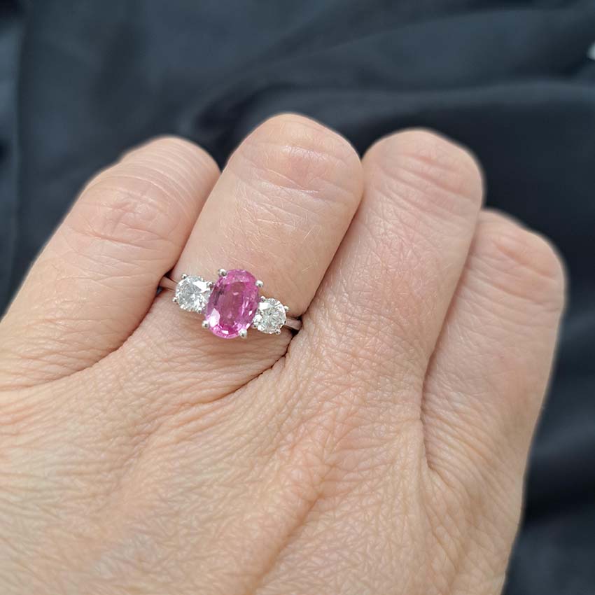 1.41ct Oval Pink Sapphire and Diamond Three Stone Engagement Ring