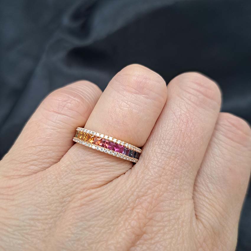 Rainbow Fancy Sapphire Half Eternity Band Ring, 0.91cts square princess cut blue, purple, pink, yellow and green sapphires in 18ct rose gold