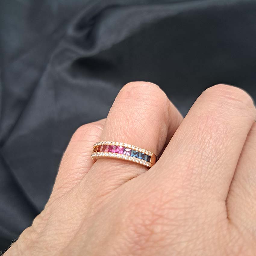 Rainbow Fancy Sapphire Half Eternity Band Ring, 0.91cts square princess cut blue, purple, pink, yellow and green sapphires in 18ct rose gold