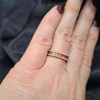 Rainbow Fancy Sapphire Half Eternity Band Ring, 0.91cts square princess cut blue, purple, pink, yellow and green sapphires in 18ct rose gold