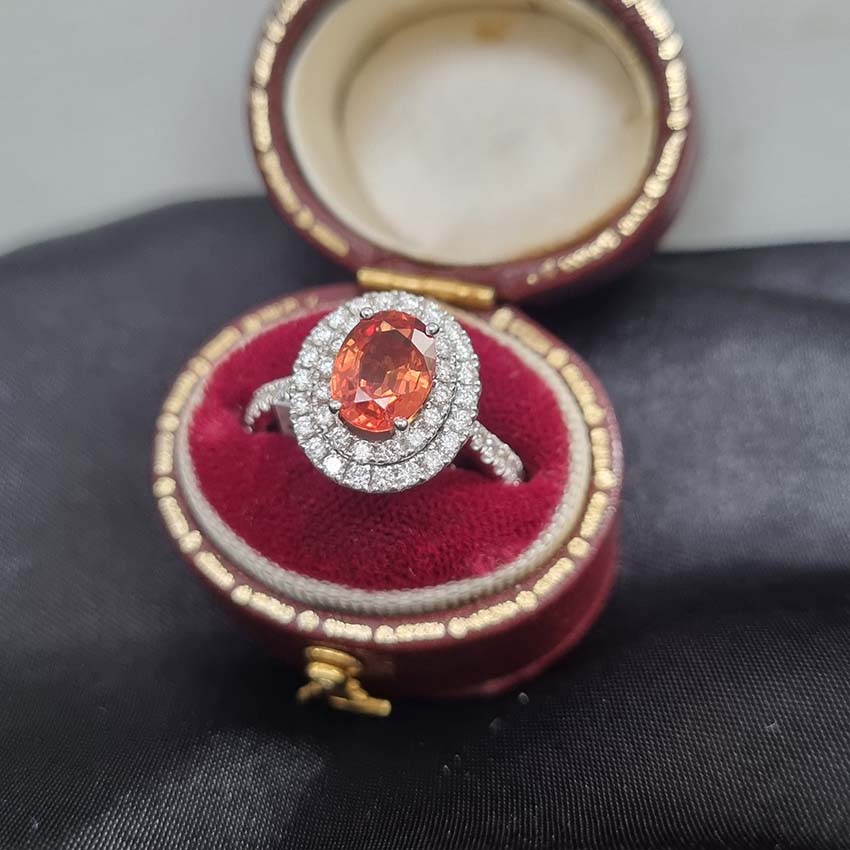 1.69ct Oval Orange Sapphire and Diamond Double Halo Cluster Engagement Ring in 18ct White Gold