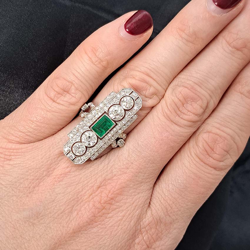 Art Deco Emerald and Diamond Plaque Ring, 3.50 carats