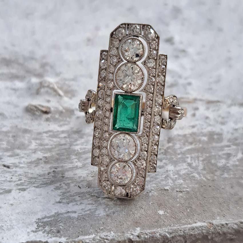 Art Deco Emerald and Diamond Plaque Ring, 3.50 carats