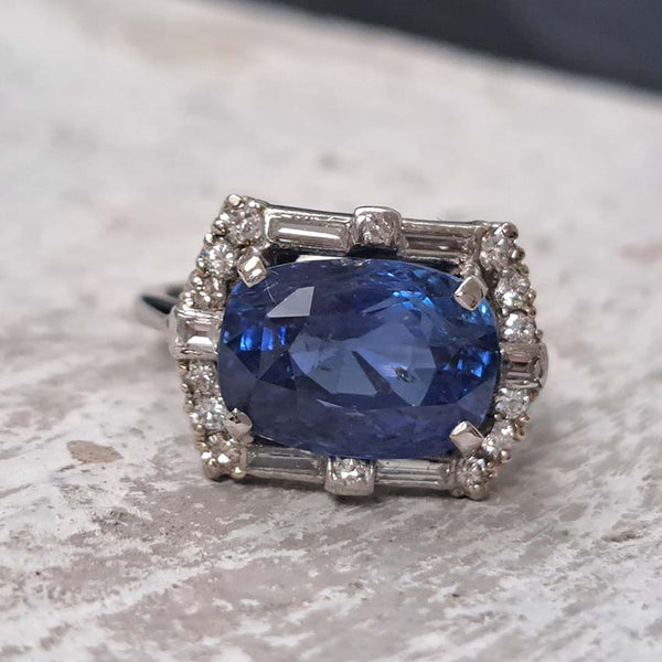 Vintage Art Deco 8 Carat No Heat Ceylon Sapphire and Diamond Ring