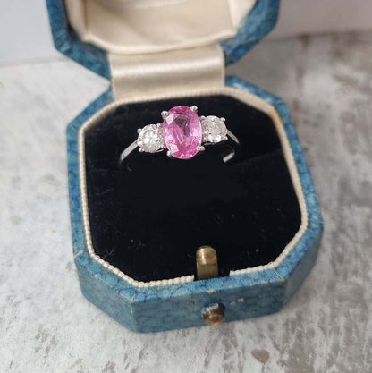 1.41ct Oval Pink Sapphire and Diamond Three Stone Engagement Ring