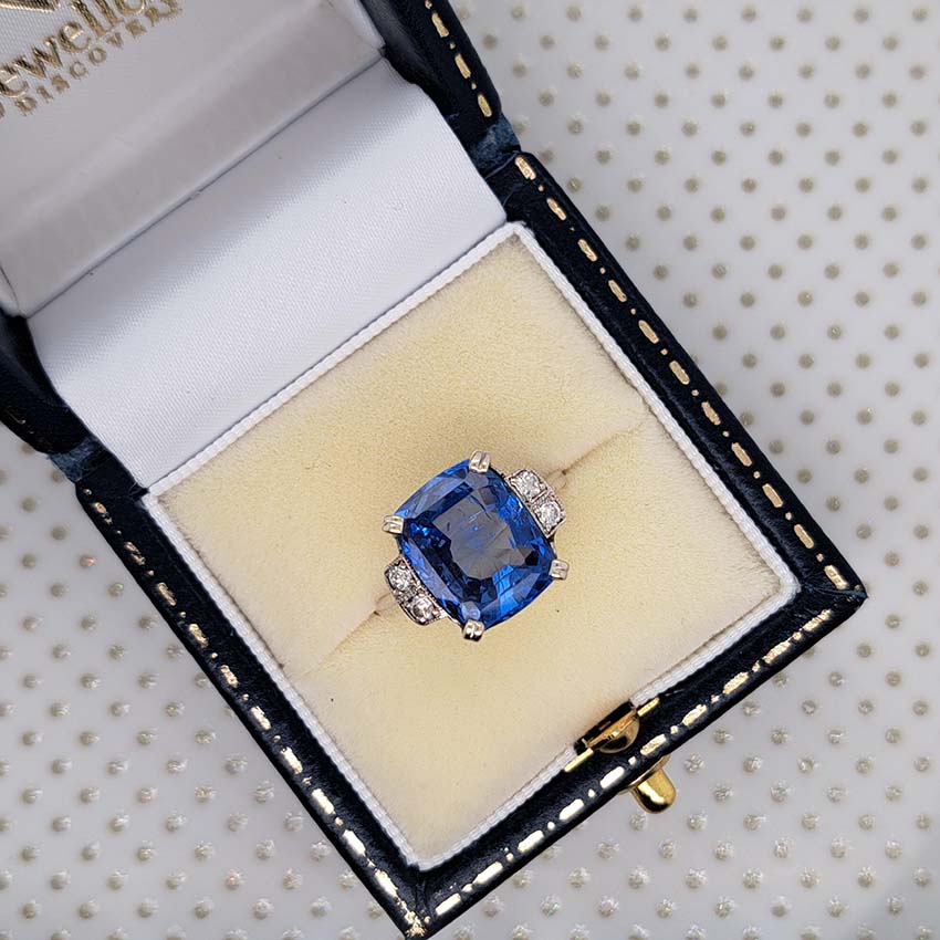 Antique sapphire and diamond dress ring cushion shape large sapphire platinum unheated sapphires