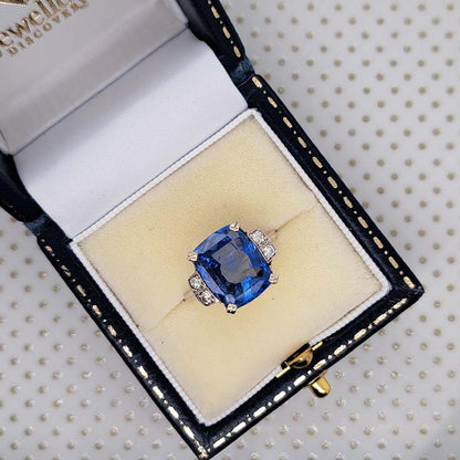 Antique sapphire and diamond dress ring cushion shape large sapphire platinum unheated sapphires