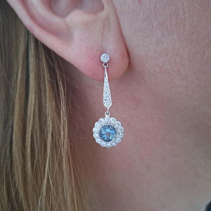 Edwardian Style 1.71ct Aquamarine and Diamond Cluster Drop Earrings in 18ct White Gold