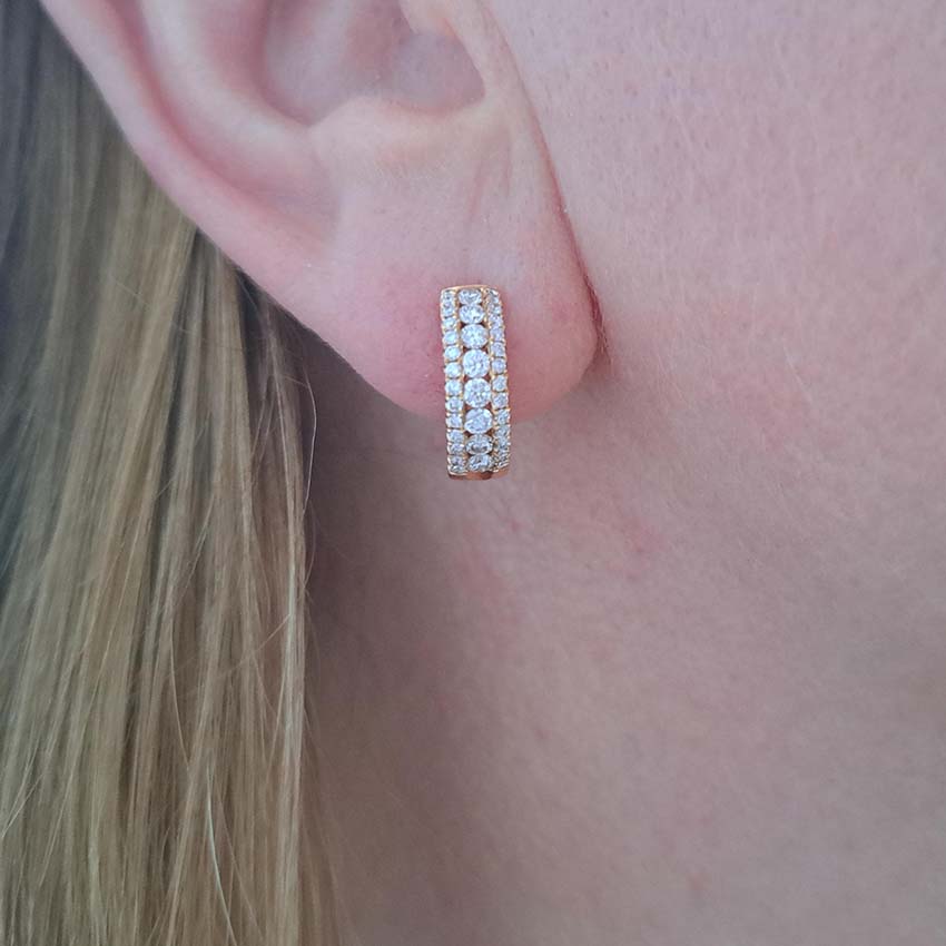 0.88ct Diamond Set Rose Gold Half Hoop Earrings, 18ct rose gold hoop earrings with the front half of each earring set with a row of round brilliant-cut diamonds accented with a border of smaller diamonds to each side