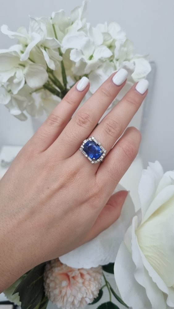 Vintage Art Deco 8 Carat No Heat Ceylon Sapphire and Diamond Ring