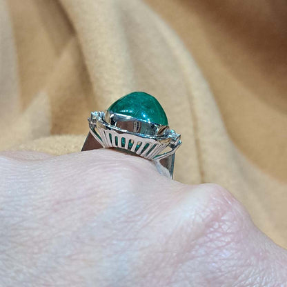 9ct Cabochon Emerald Ring with Diamonds in 18ct White Gold