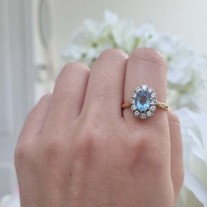 Vintage Oval Aquamarine and Diamond Cluster Ring