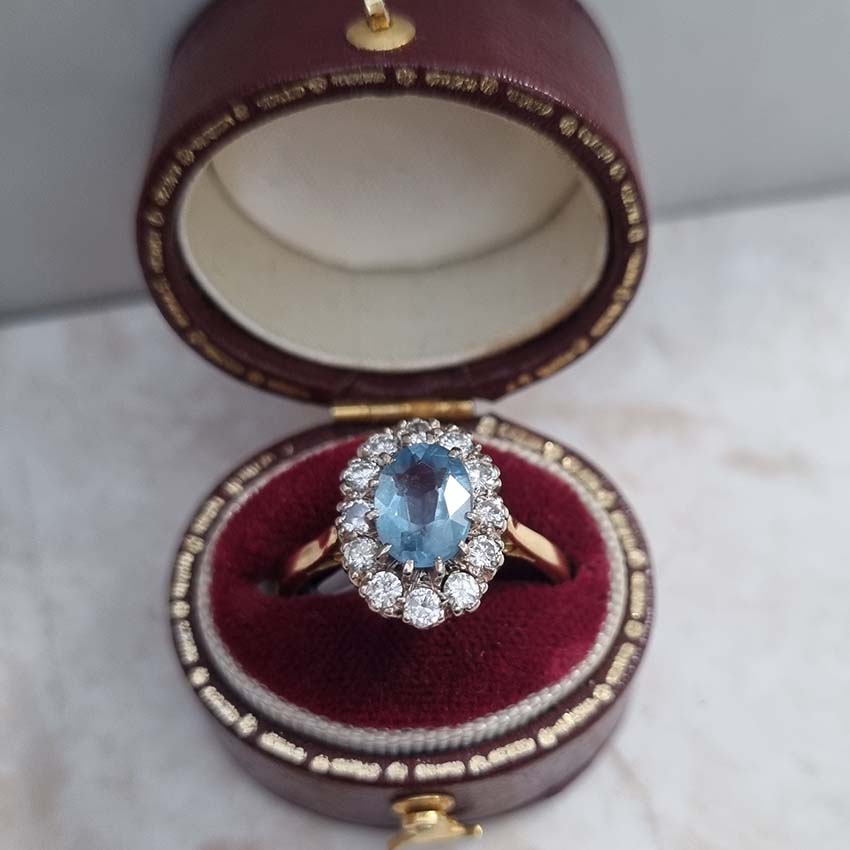 Vintage Oval Aquamarine and Diamond Cluster Ring