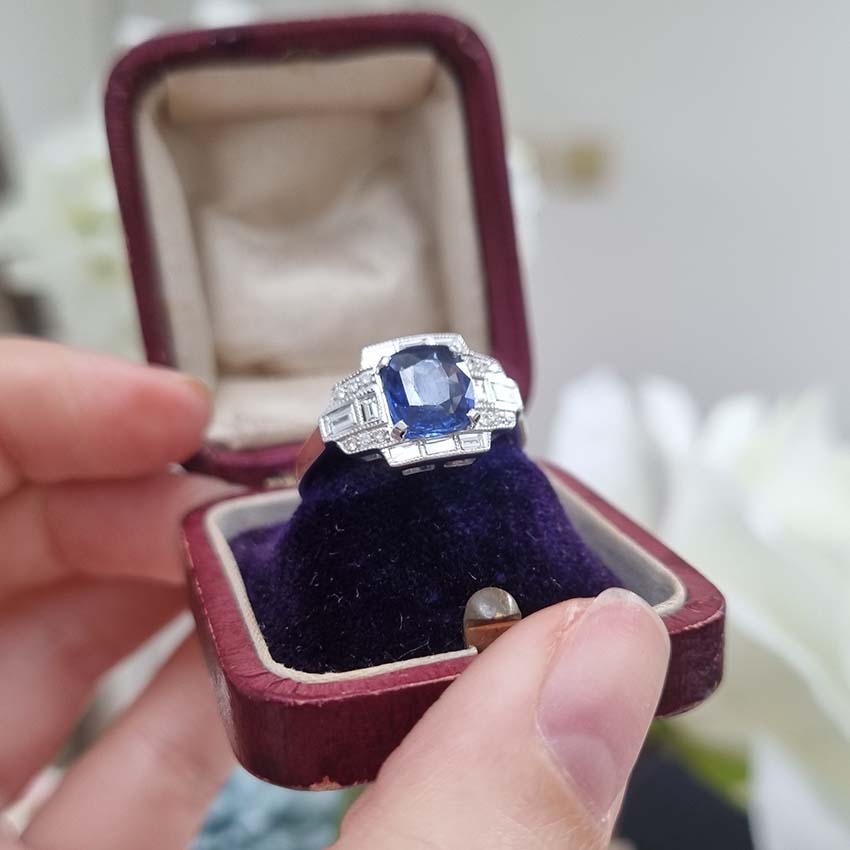 Art Deco Style 1.58ct Sapphire and Diamond Cluster Engagement Ring in 18ct White Gold