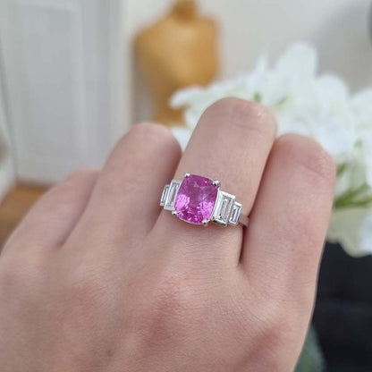 3.90ct Oval Natural Pink Sapphire and Baguette Diamond Engagement Ring in 18ct White Gold