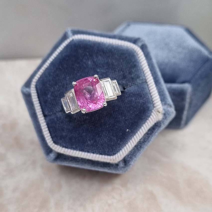 3.90ct Oval Natural Pink Sapphire and Baguette Diamond Engagement Ring in 18ct White Gold