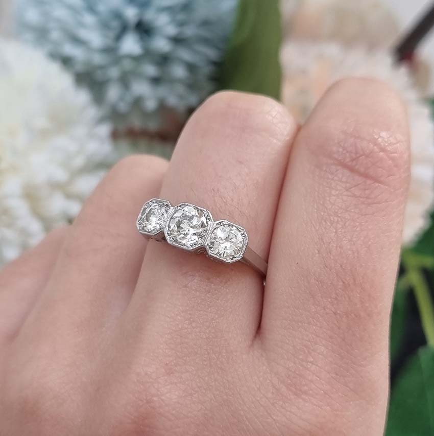 Three Stone Diamond Engagement Ring in Platinum, 1.25 carat timeless diamond trilogy ring set with three sparkling diamonds in octagonal platinum settings