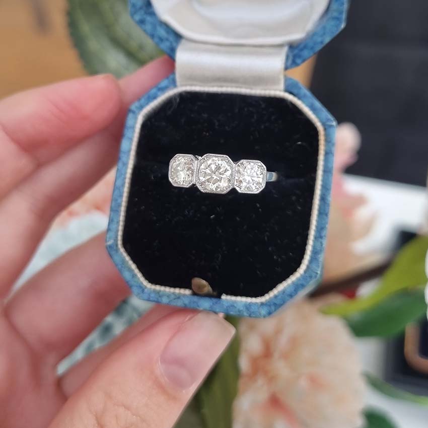 Vintage Three Stone Diamond Engagement Ring in Platinum, 1.25 carat timeless diamond trilogy ring set with three sparkling diamonds in octagonal platinum settings Antique