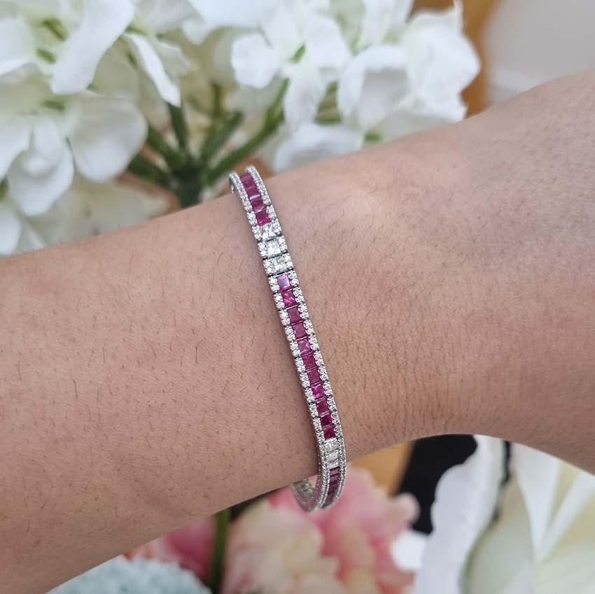 Square Princess Cut Diamond and Ruby Line Bracelet, 8.62 carats