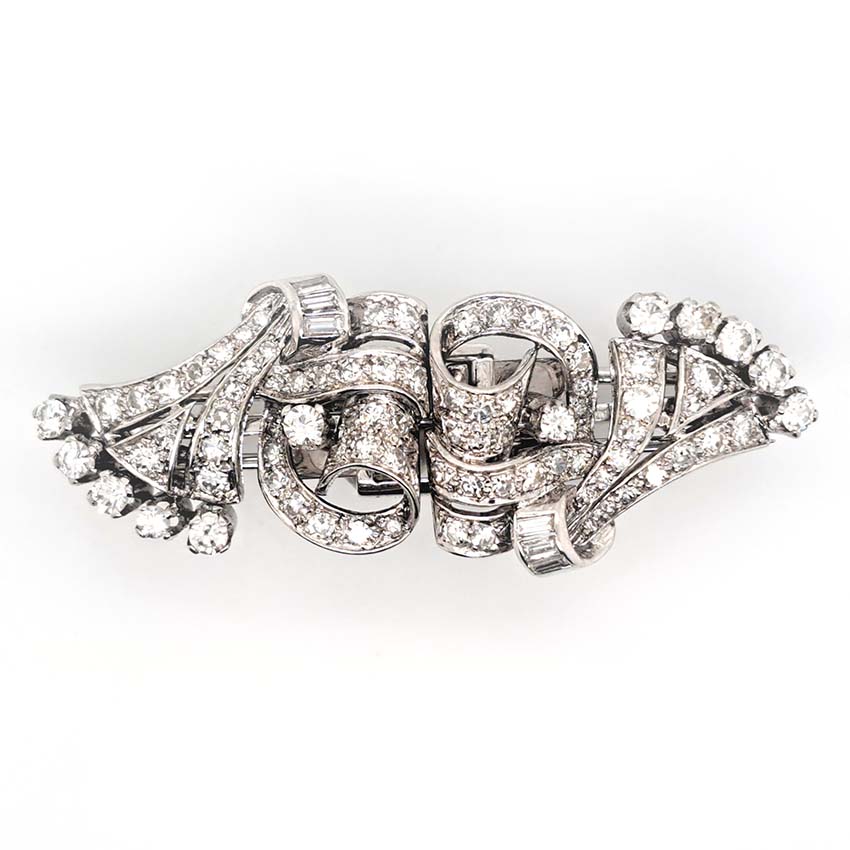 Art Deco 2.4ct Diamond Double Clip Brooch, geometric scrolled design set with 2.40 carats of single-cut, eight-cut and baguette-cut diamonds in platinum to later 14ct white gold pin