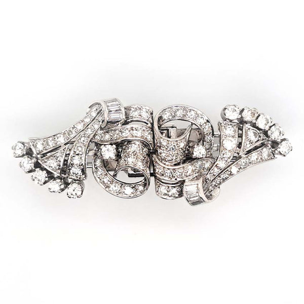 Art Deco 2.4ct Diamond Double Clip Brooch, geometric scrolled design set with 2.40 carats of single-cut, eight-cut and baguette-cut diamonds in platinum to later 14ct white gold pin