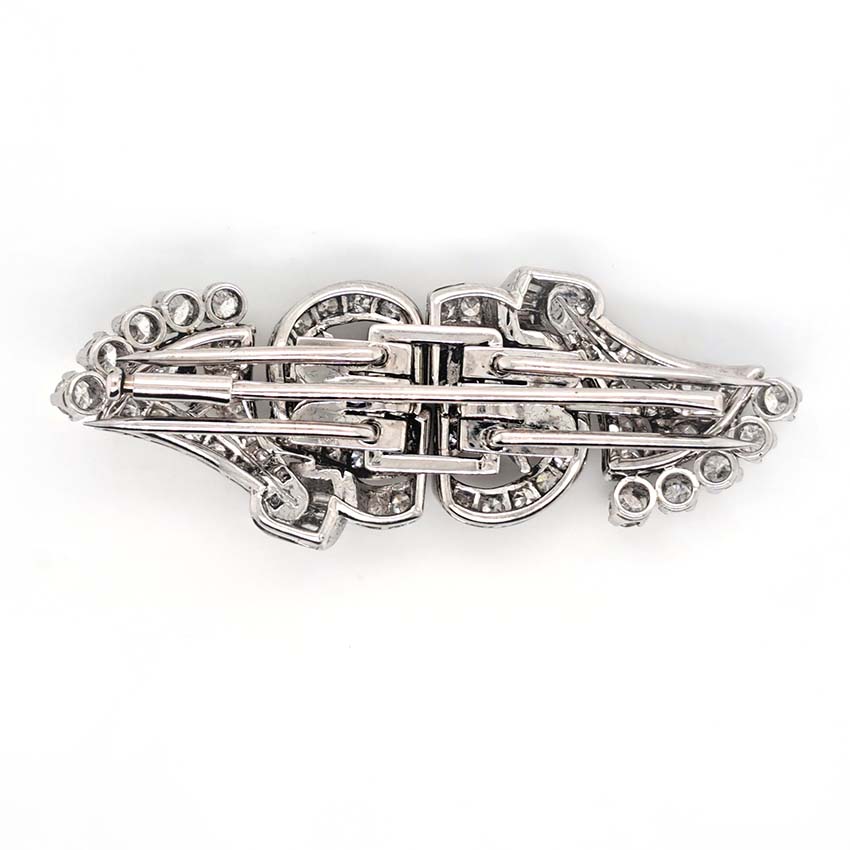 Art Deco 2.4ct Diamond Double Clip Brooch, geometric scrolled design set with 2.40 carats of single-cut, eight-cut and baguette-cut diamonds in platinum to later 14ct white gold pin