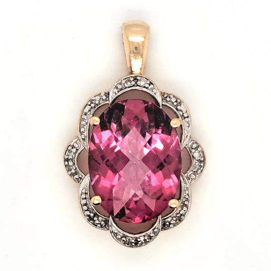 Pink Topaz and Diamond Cluster Pendant, 11.04ct oval pink topaz set within a scrolled floral surround accented with diamonds in 14ct yellow gold