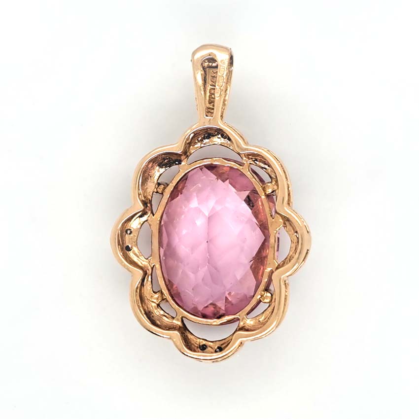 11.04ct Oval Cut Pink Topaz and Diamond Floral Cluster Pendant in 14ct Yellow Gold
