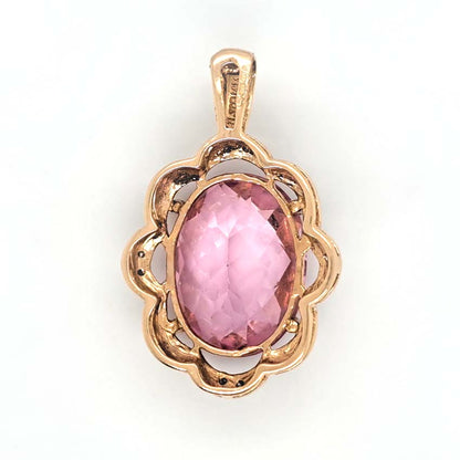 11.04ct Oval Cut Pink Topaz and Diamond Floral Cluster Pendant in 14ct Yellow Gold