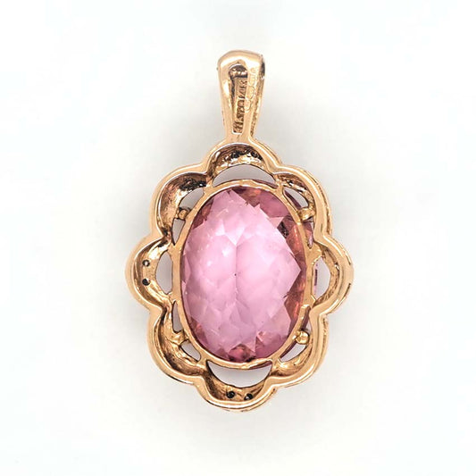 11.04ct Oval Cut Pink Topaz and Diamond Floral Cluster Pendant in 14ct Yellow Gold