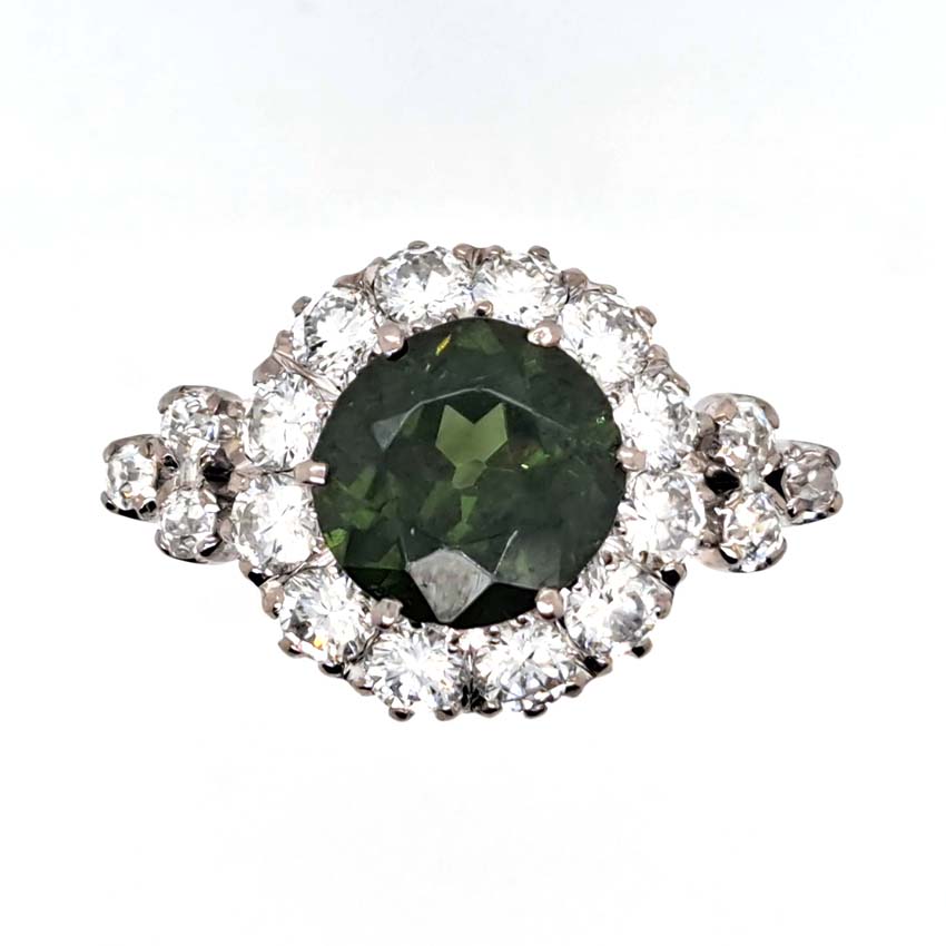 Antique 3.85ct Natural Green Zircon and Old Cut Diamond Cluster Engagement Ring in platinum and 18ct gold